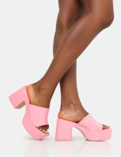 Ariel Pink Patent Patent Mule Chunky Mid Platform Heels -LoafLuxe Shop IMG 0273