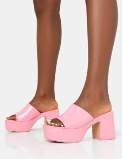 Ariel Pink Patent Patent Mule Chunky Mid Platform Heels -LoafLuxe Shop IMG 0275