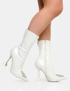 Modena Ecru Patent Diamante Broach Cake Stand Heel Ankle Boot -LoafLuxe Shop IMG 0613copy