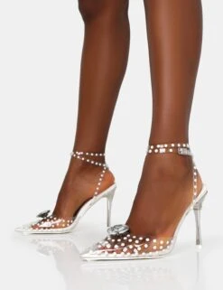 Asscher White Pearl Detail Diamante Broach Clear Perspex Wrap Around Pointed Court Stiletto Heels -LoafLuxe Shop IMG 0645