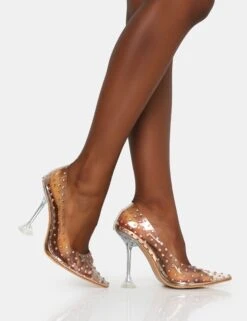 Fancy Rose Gold Diamante Clear Perspex Pointed Toe Stiletto Heels -LoafLuxe Shop IMG 0656