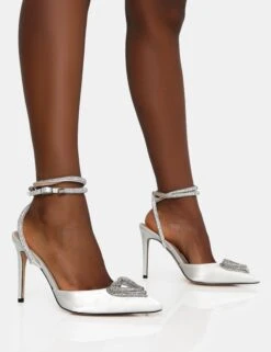 Cupid Off White Satin Diamante Heart Wrap Around Pointed Court Stiletto Heels -LoafLuxe Shop IMG 0670