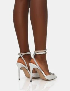 Cupid Off White Satin Diamante Heart Wrap Around Pointed Court Stiletto Heels -LoafLuxe Shop IMG 0671