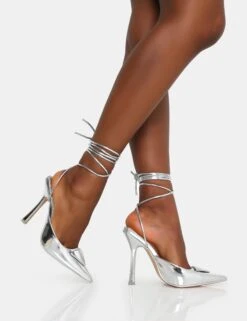 Vada Silver Mirror Slingback Lace Up Pointed Court Stiletto Heels -LoafLuxe Shop IMG 0679
