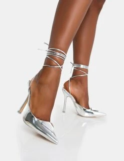 Vada Silver Mirror Slingback Lace Up Pointed Court Stiletto Heels -LoafLuxe Shop IMG 0681