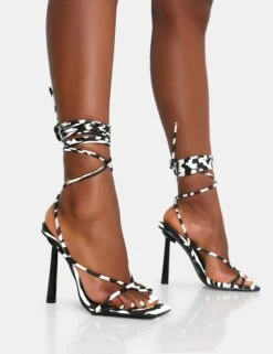 Lacey Zebra Print Square Toe Strappy Lace Up Stiletto Heels