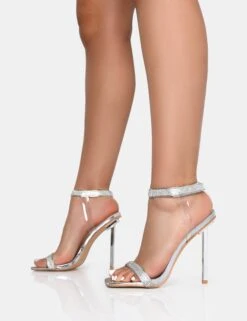 Afterglow Silver PU Barely There Diamante Strap Square Toe Stiletto Heels -LoafLuxe Shop IMG 1139