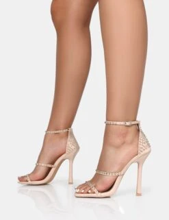 Golda Nude Diamante Strappy Barely There Square Toe Stiletto Heels -LoafLuxe Shop IMG 1143