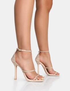 Golda Nude Diamante Strappy Barely There Square Toe Stiletto Heels -LoafLuxe Shop IMG 1146