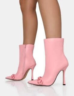 Rhia Pink Pu Bow Pointed Toe Stiletto Ankle Boots -LoafLuxe Shop IMG 1164