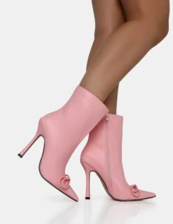 Rhia Pink Pu Bow Pointed Toe Stiletto Ankle Boots -LoafLuxe Shop IMG 1165