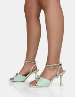 Front Row Pastel Green Diamante Bow Square Toe Mid Stiletto Heels -LoafLuxe Shop IMG 1168