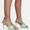 Front Row Pastel Green Diamante Bow Square Toe Mid Stiletto Heels -LoafLuxe Shop IMG 1171