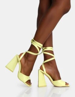 Mojito Yellow Patent Lace Up Pyramid Block Heels -LoafLuxe Shop IMG 1193