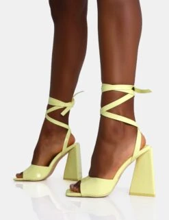 Mojito Yellow Patent Lace Up Pyramid Block Heels -LoafLuxe Shop IMG 1196
