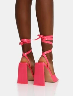 Mojito Coral Patent Lace Up Pyramid Block Heels -LoafLuxe Shop IMG 1203