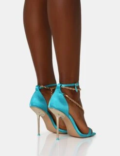 Loyal Blue Satin Chain Detail Square Toe Gold Stiletto Heels -LoafLuxe Shop IMG 1267