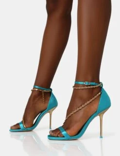 Loyal Blue Satin Chain Detail Square Toe Gold Stiletto Heels -LoafLuxe Shop IMG 1268
