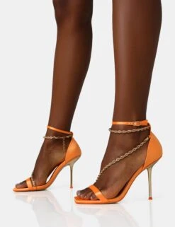 Loyal Orange Satin Chain Detail Square Toe Gold Stiletto Heels -LoafLuxe Shop IMG 1274