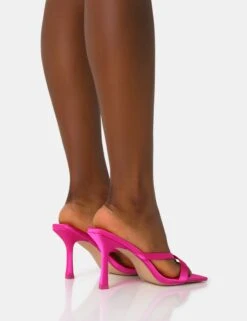 Arwen Hot Pink Satin Toe Post Mule Mid Stiletto Heels -LoafLuxe Shop IMG 1277