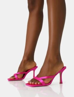 Arwen Hot Pink Satin Toe Post Mule Mid Stiletto Heels -LoafLuxe Shop IMG 1278