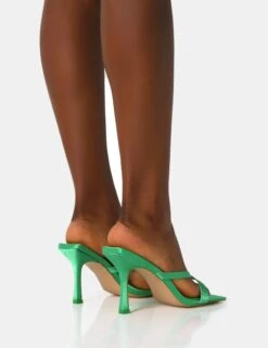 Arwen Green Satin Toe Post Mule Mid Stiletto Heels 9 Arwen Green Satin Toe Post Mule Mid Stiletto Heels -LoafLuxe Shop IMG 1281