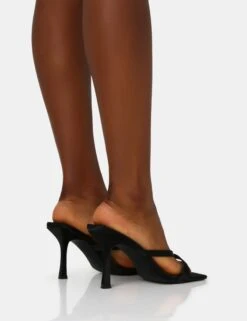 Arwen Black Satin Toe Post Mule Mid Stiletto Heels -LoafLuxe Shop IMG 1291