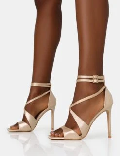 Moana Champagne Satin Cross Over Strap Square Toe Stiletto Heels -LoafLuxe Shop IMG 1300