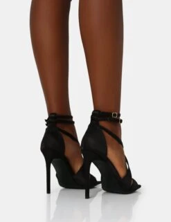 Moana Black Satin Cross Over Strap Square Toe Stiletto Heels -LoafLuxe Shop IMG 1303