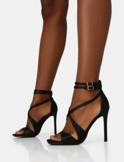 Moana Black Satin Cross Over Strap Square Toe Stiletto Heels -LoafLuxe Shop IMG 1304