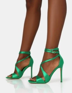 Moana Green Satin Cross Over Strap Square Toe Stiletto Heels -LoafLuxe Shop IMG 1312