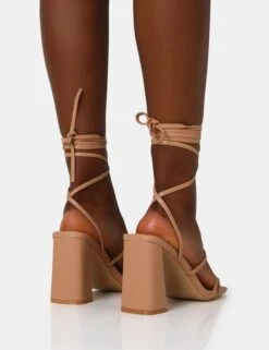 Natty Wide Fit Nude Pu Lace Up Square Toe Mid Block Heels -LoafLuxe Shop IMG 1340