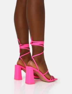 Natty Neon Pink Pu Lace Up Square Toe Mid Block Heels -LoafLuxe Shop IMG 1345