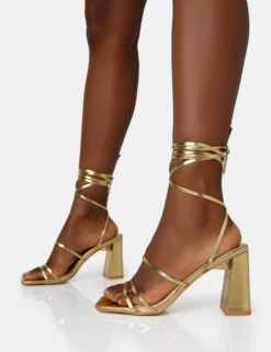 Natty Gold Pu Lace Up Square Toe Mid Block Heels -LoafLuxe Shop IMG 1350