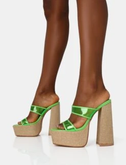 Carley Neon Lime Perspex Mule Square Toe Platform Raffia Block Heels -LoafLuxe Shop IMG 1370