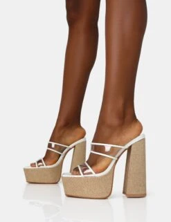 Carley White Perspex Mule Square Toe Platform Raffia Block Heels -LoafLuxe Shop IMG 1374