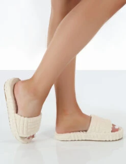 Juicy Ecru Terry Towelling Slider Slippers -LoafLuxe Shop JuicyEcruwalking