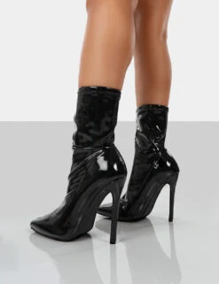 Lars Black Patent Wide Fit Sock High Heeled Stiletto Ankle Boots -LoafLuxe Shop LARSBLACKPATENTWFBACK1