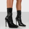 Lars Black Patent Wide Fit Sock High Heeled Stiletto Ankle Boots -LoafLuxe Shop LARSBLACKPATENTWFFRONT1