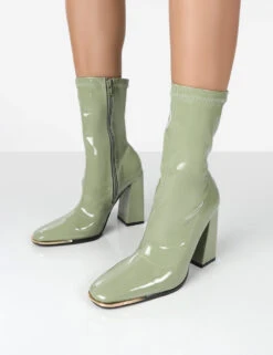 Liberty Green Pu Sock High Heeled Ankle Boots -LoafLuxe Shop LIBERTYGREENDETAILcopy