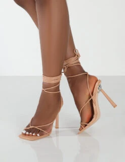 Lacey Wide Fit Nude PU Square Toe Strappy Lace Up Stiletto Heels -LoafLuxe Shop LaceyNudeDetail b1b73856 e201 47d3 8773 ba6a8390b5f8