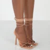 Lacey Nude PU Square Toe Strappy Lace Up Stiletto Heels -LoafLuxe Shop LaceyNudeFront