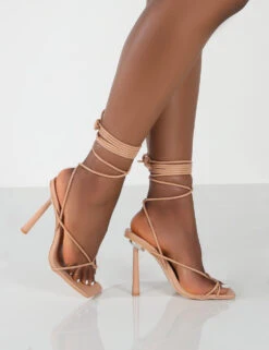 Lacey Nude PU Square Toe Strappy Lace Up Stiletto Heels -LoafLuxe Shop LaceyNudeWalking