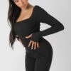 Long Sleeve Square Neck Ribbed Jumpsuit Black -LoafLuxe Shop MBOD00155