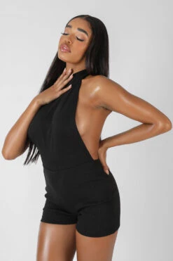 Sleeveless Short Ribbed Backless Unitard Black