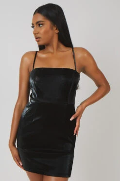 Snakeskin Pu Square Neck Mini Dress Black -LoafLuxe Shop MPDR00014212