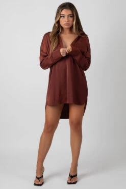 Satin Shirt Dress Chocolate