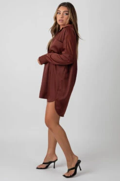 Satin Shirt Dress Chocolate -LoafLuxe Shop MPDR0004 2