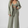 Premium Tie Waist Wide Leg Trousers Sage -LoafLuxe Shop MTRO0001 2