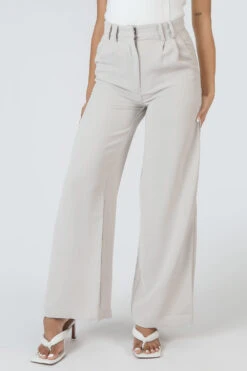 High Waist Wideleg Tailored Trouser Stone -LoafLuxe Shop MTRO00074